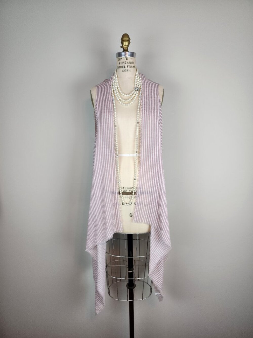 Vintage Style Bohemian Long Pink & White Striped Vest w/ Frayed Edge * BRAND NEW